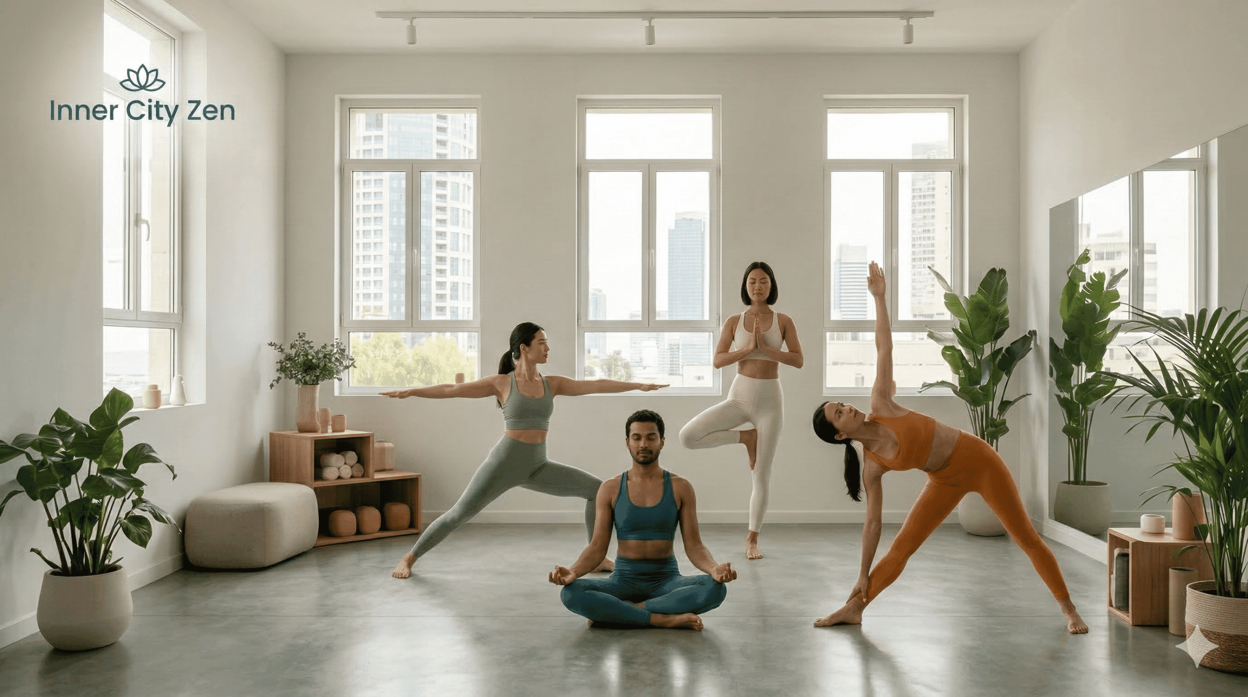 Yoga class at Inner City Zen studio in Tel Aviv with four people practicing poses in a bright, minimalist room.